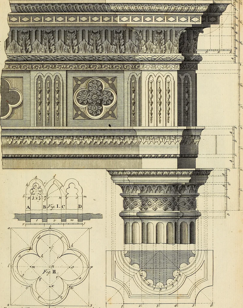 An illustration from Gothic architecture, improved by rules and proportions : in many grand designs of columns, doors, windows, chimney-pieces, arcades, colonades, porticos, umbrellos, temples and pavillions &c. : with plans, elevations and profiles, 1747, leaf 16