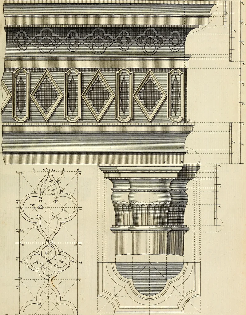An illustration from Gothic architecture, improved by rules and proportions : in many grand designs of columns, doors, windows, chimney-pieces, arcades, colonades, porticos, umbrellos, temples and pavillions &c. : with plans, elevations and profiles, 1747, leaf 26