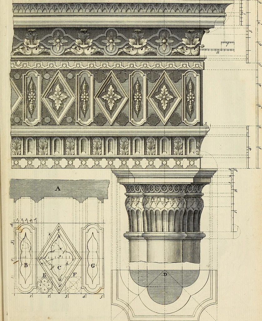 An illustration from Gothic architecture, improved by rules and proportions : in many grand designs of columns, doors, windows, chimney-pieces, arcades, colonades, porticos, umbrellos, temples and pavillions &c. : with plans, elevations and profiles, 1747, leaf 28
