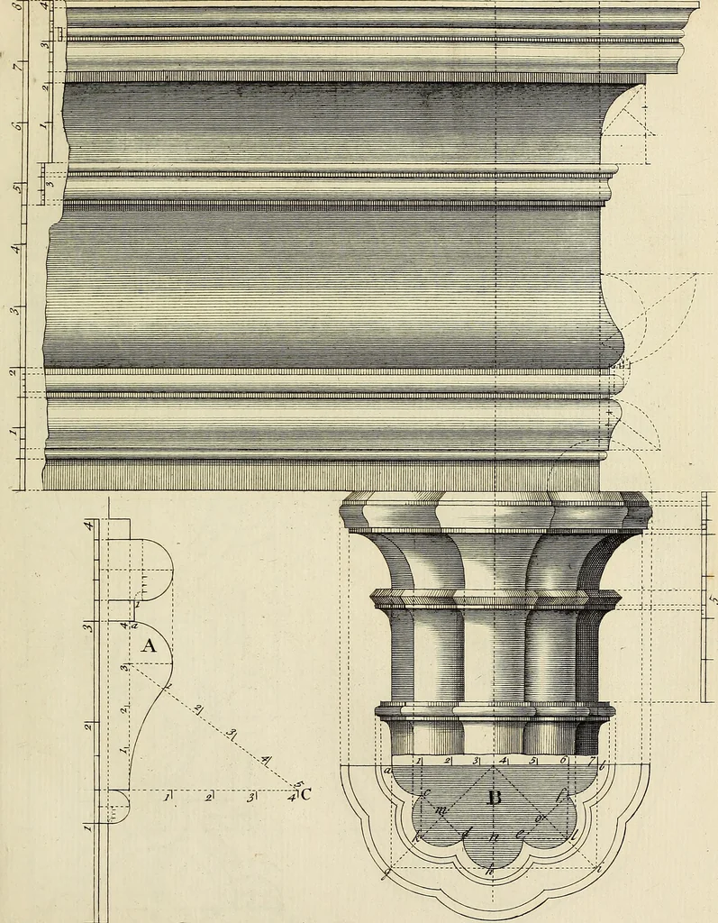 An illustration from Gothic architecture, improved by rules and proportions : in many grand designs of columns, doors, windows, chimney-pieces, arcades, colonades, porticos, umbrellos, temples and pavillions &c. : with plans, elevations and profiles, 1747, leaf 32