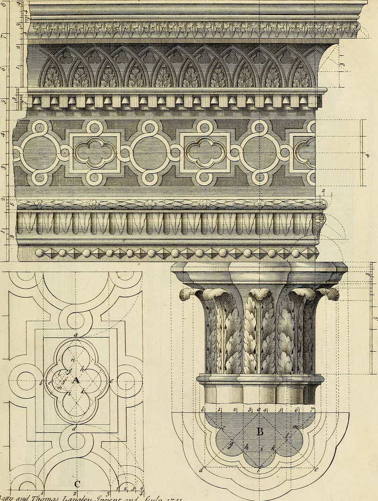 An illustration from Gothic architecture, improved by rules and proportions : in many grand designs of columns, doors, windows, chimney-pieces, arcades, colonades, porticos, umbrellos, temples and pavillions &c. : with plans, elevations and profiles, 1747, leaf 34