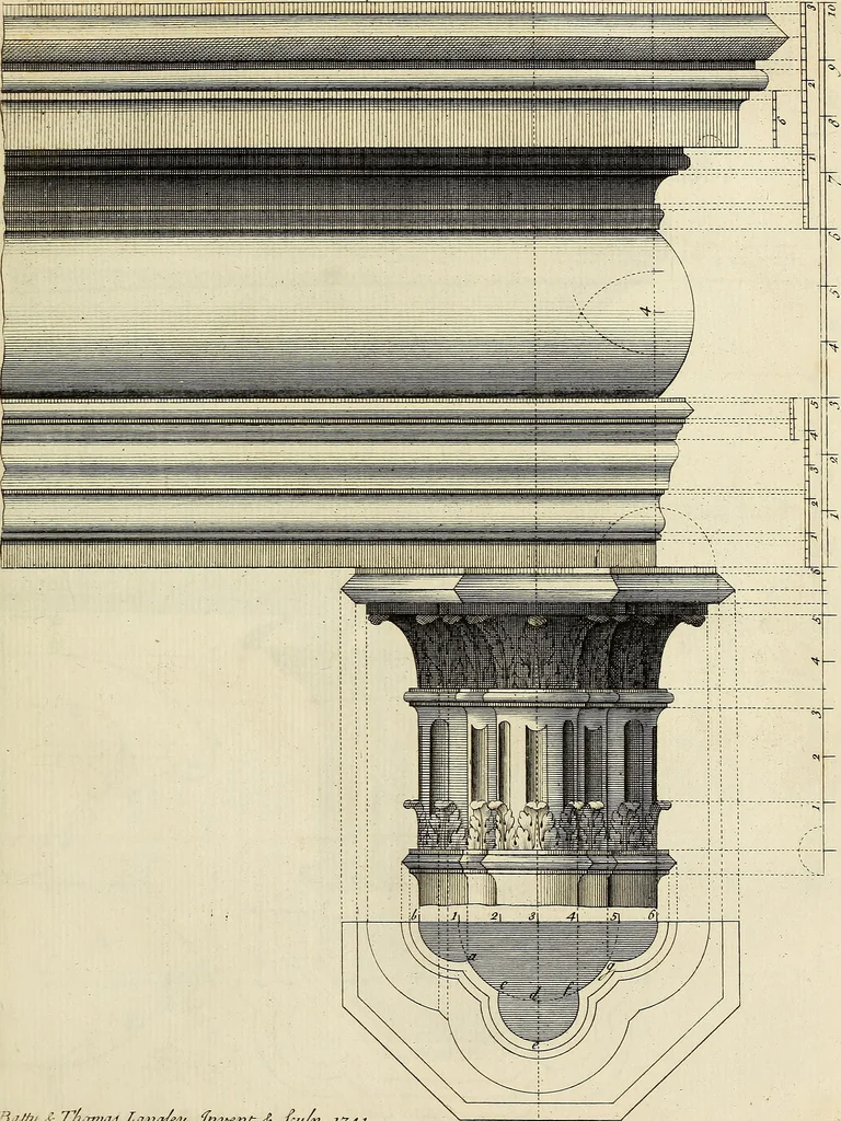 An illustration from Gothic architecture, improved by rules and proportions : in many grand designs of columns, doors, windows, chimney-pieces, arcades, colonades, porticos, umbrellos, temples and pavillions &c. : with plans, elevations and profiles, 1747, leaf 40
