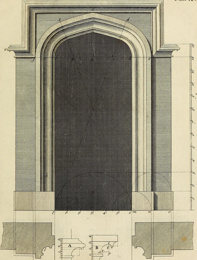 An illustration from Gothic architecture, improved by rules and proportions : in many grand designs of columns, doors, windows, chimney-pieces, arcades, colonades, porticos, umbrellos, temples and pavillions &c. : with plans, elevations and profiles, 1747, leaf 44