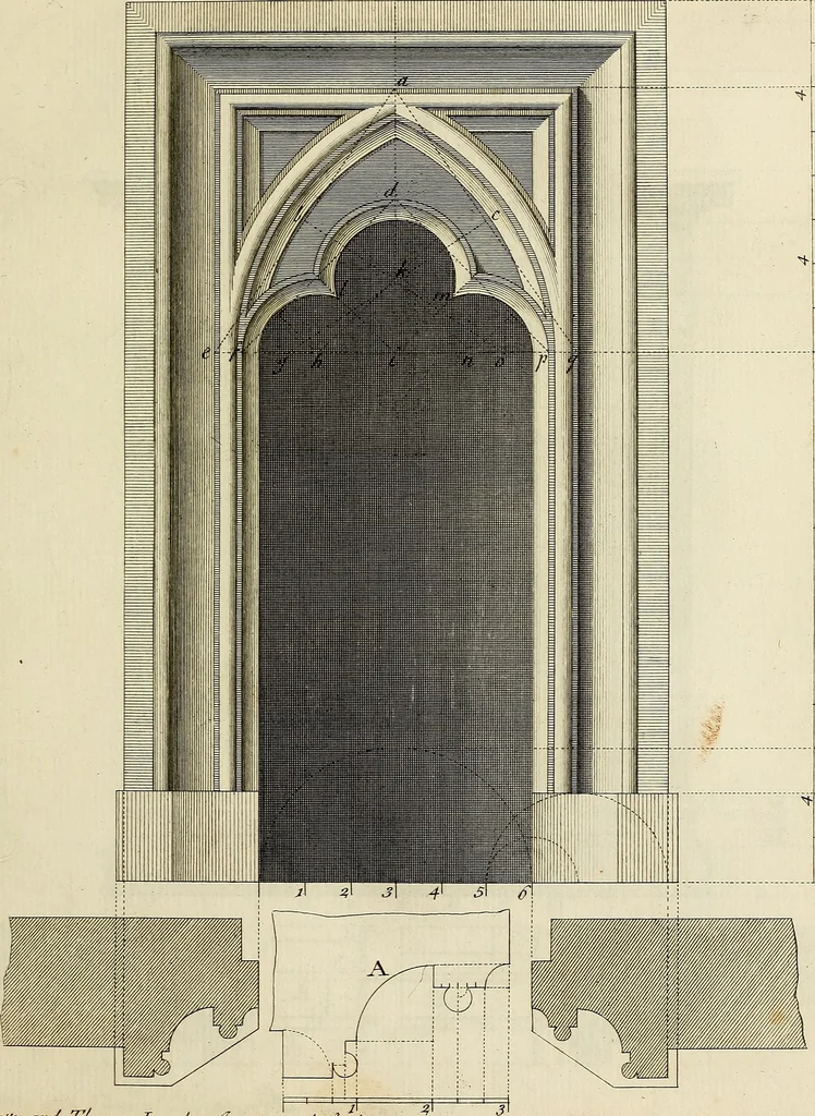An illustration from Gothic architecture, improved by rules and proportions : in many grand designs of columns, doors, windows, chimney-pieces, arcades, colonades, porticos, umbrellos, temples and pavillions &c. : with plans, elevations and profiles, 1747, leaf 46