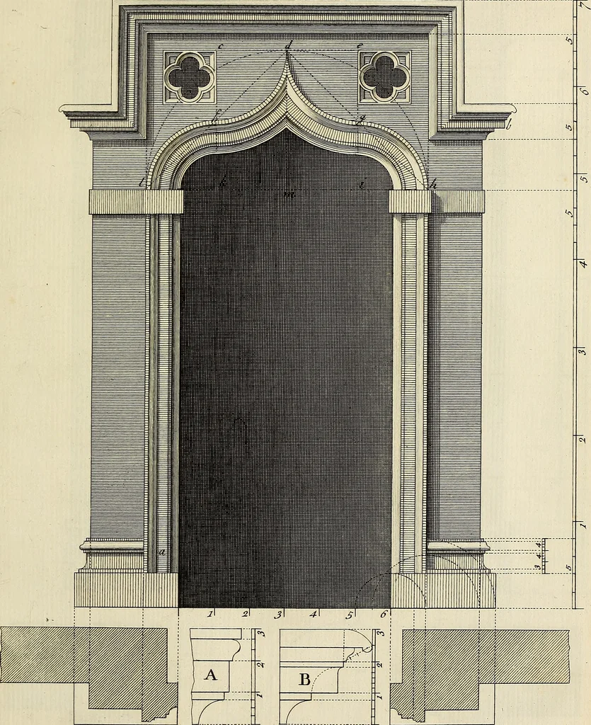 An illustration from Gothic architecture, improved by rules and proportions : in many grand designs of columns, doors, windows, chimney-pieces, arcades, colonades, porticos, umbrellos, temples and pavillions &c. : with plans, elevations and profiles, 1747, leaf 48