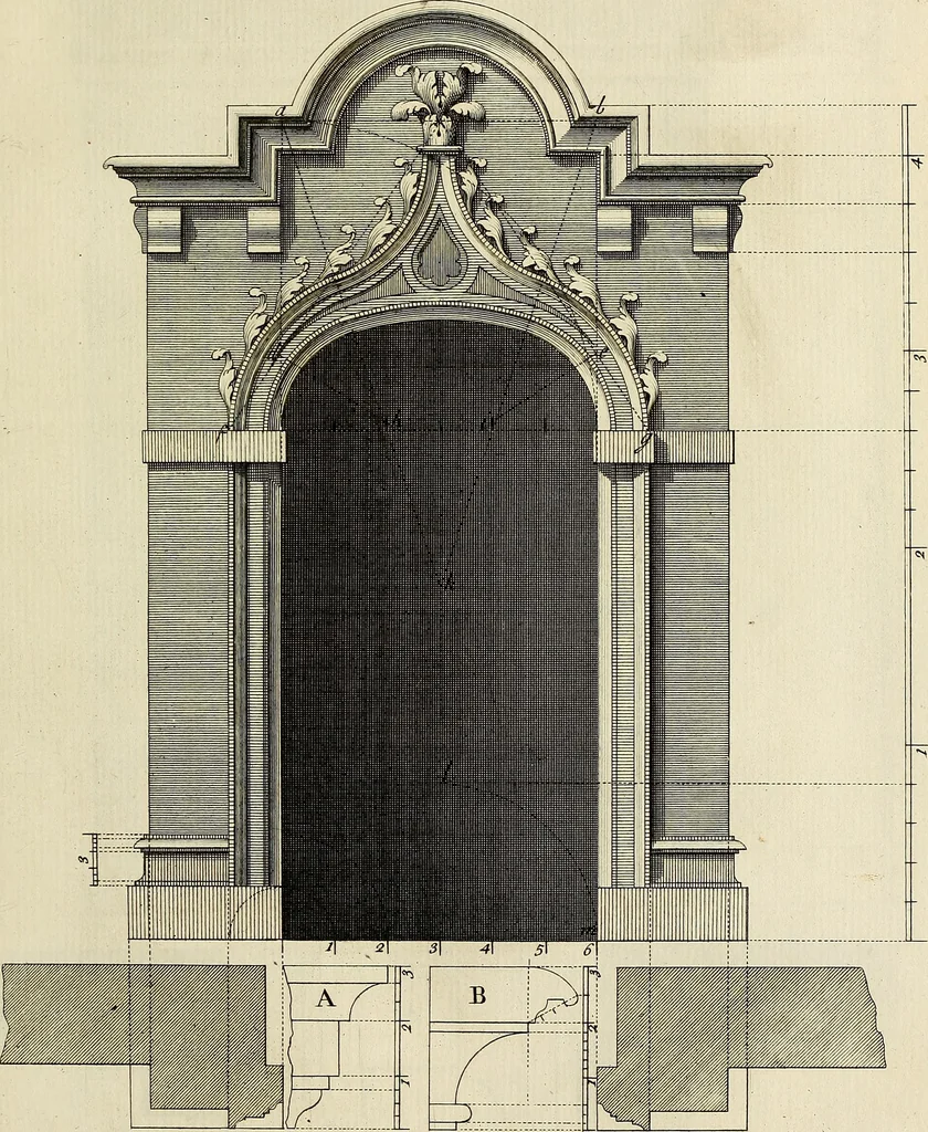 An illustration from Gothic architecture, improved by rules and proportions : in many grand designs of columns, doors, windows, chimney-pieces, arcades, colonades, porticos, umbrellos, temples and pavillions &c. : with plans, elevations and profiles, 1747, leaf 52