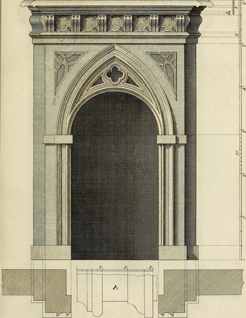 An illustration from Gothic architecture, improved by rules and proportions : in many grand designs of columns, doors, windows, chimney-pieces, arcades, colonades, porticos, umbrellos, temples and pavillions &c. : with plans, elevations and profiles, 1747, leaf 54
