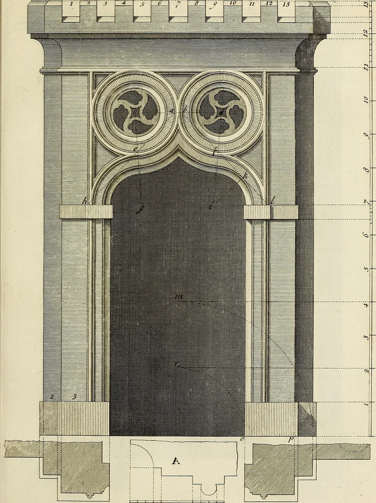 An illustration from Gothic architecture, improved by rules and proportions : in many grand designs of columns, doors, windows, chimney-pieces, arcades, colonades, porticos, umbrellos, temples and pavillions &c. : with plans, elevations and profiles, 1747, leaf 56