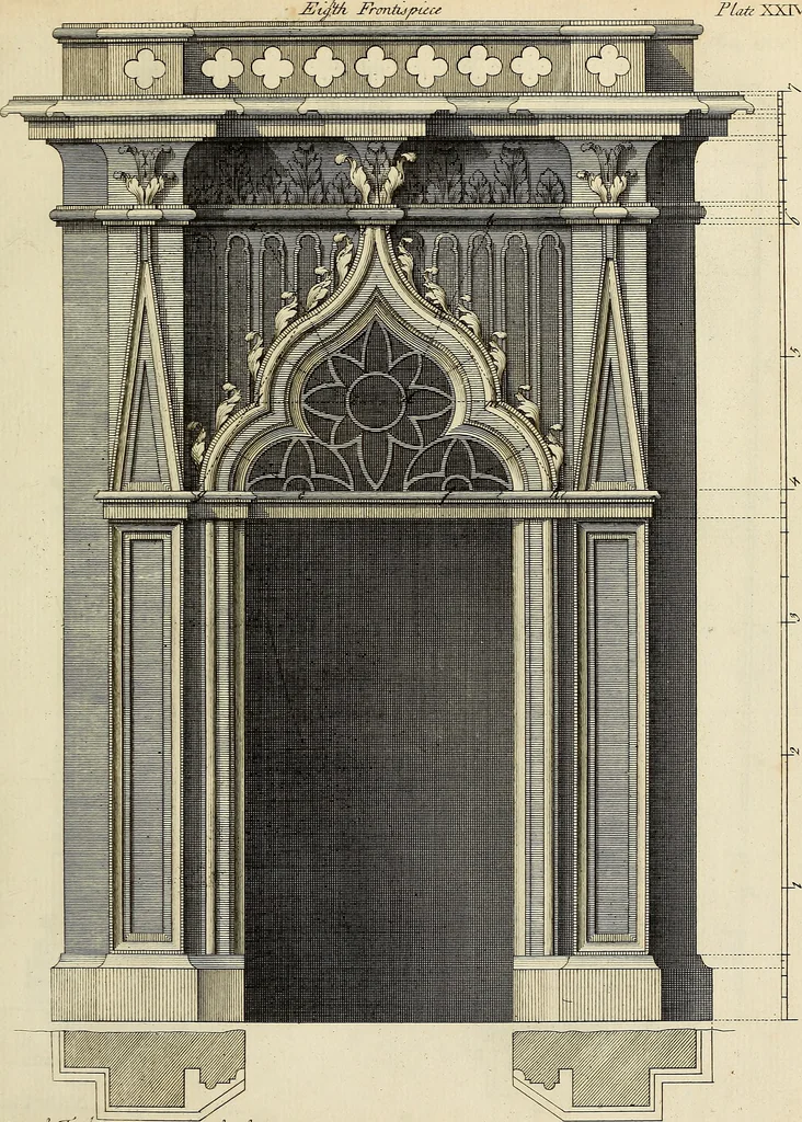 An illustration from Gothic architecture, improved by rules and proportions : in many grand designs of columns, doors, windows, chimney-pieces, arcades, colonades, porticos, umbrellos, temples and pavillions &c. : with plans, elevations and profiles, 1747, leaf 58