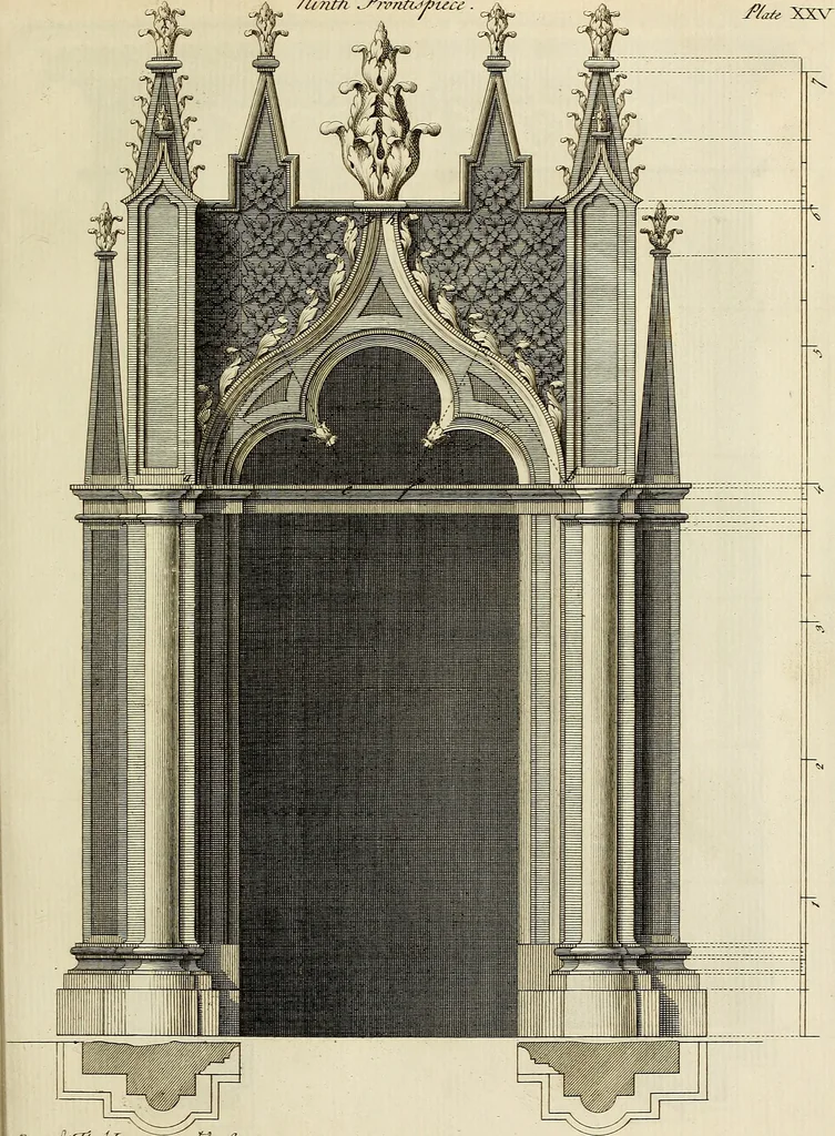 An illustration from Gothic architecture, improved by rules and proportions : in many grand designs of columns, doors, windows, chimney-pieces, arcades, colonades, porticos, umbrellos, temples and pavillions &c. : with plans, elevations and profiles, 1747, leaf 60