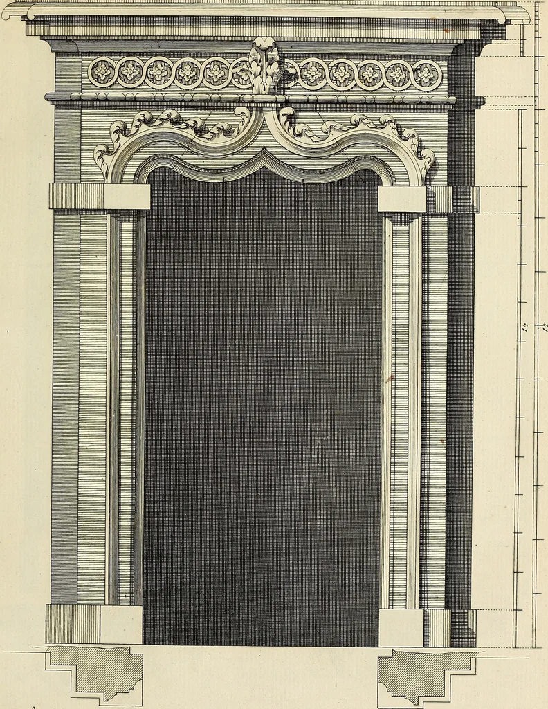 An illustration from Gothic architecture, improved by rules and proportions : in many grand designs of columns, doors, windows, chimney-pieces, arcades, colonades, porticos, umbrellos, temples and pavillions &c. : with plans, elevations and profiles, 1747, leaf 62