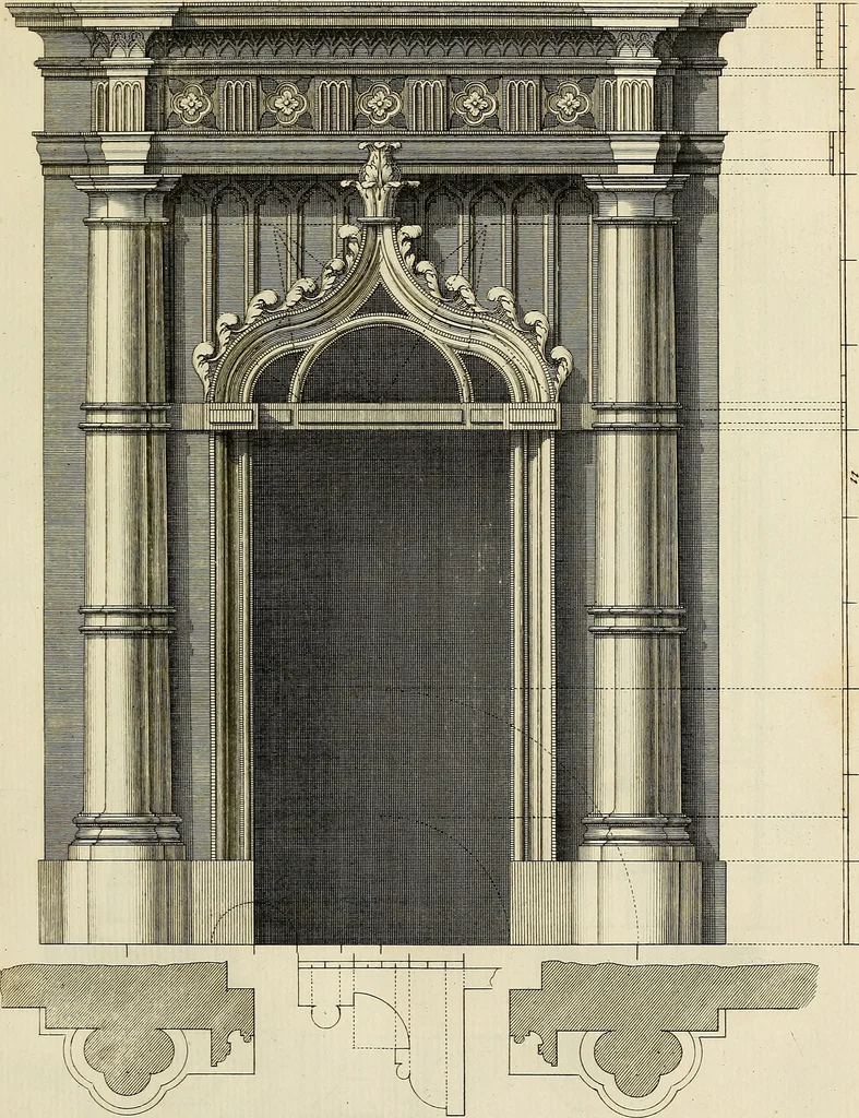 An illustration from Gothic architecture, improved by rules and proportions : in many grand designs of columns, doors, windows, chimney-pieces, arcades, colonades, porticos, umbrellos, temples and pavillions &c. : with plans, elevations and profiles, 1747, leaf 64