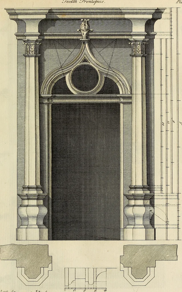 An illustration from Gothic architecture, improved by rules and proportions : in many grand designs of columns, doors, windows, chimney-pieces, arcades, colonades, porticos, umbrellos, temples and pavillions &c. : with plans, elevations and profiles, 1747, leaf 66