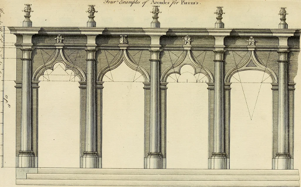 An illustration from Gothic architecture, improved by rules and proportions : in many grand designs of columns, doors, windows, chimney-pieces, arcades, colonades, porticos, umbrellos, temples and pavillions &c. : with plans, elevations and profiles, 1747, leaf 68