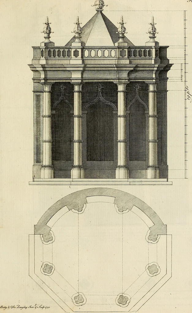 An illustration from Gothic architecture, improved by rules and proportions : in many grand designs of columns, doors, windows, chimney-pieces, arcades, colonades, porticos, umbrellos, temples and pavillions &c. : with plans, elevations and profiles, 1747, leaf 72