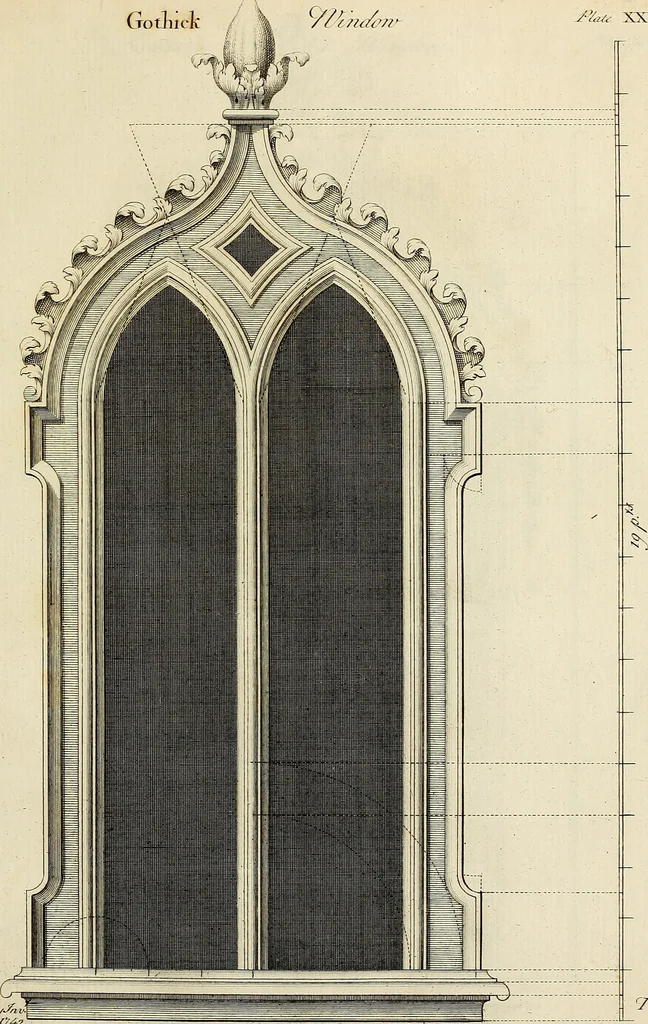 An illustration from Gothic architecture, improved by rules and proportions : in many grand designs of columns, doors, windows, chimney-pieces, arcades, colonades, porticos, umbrellos, temples and pavillions &c. : with plans, elevations and profiles, 1747, leaf 80