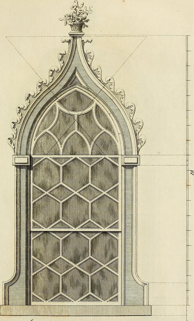 An illustration from Gothic architecture, improved by rules and proportions : in many grand designs of columns, doors, windows, chimney-pieces, arcades, colonades, porticos, umbrellos, temples and pavillions &c. : with plans, elevations and profiles, 1747, leaf 86