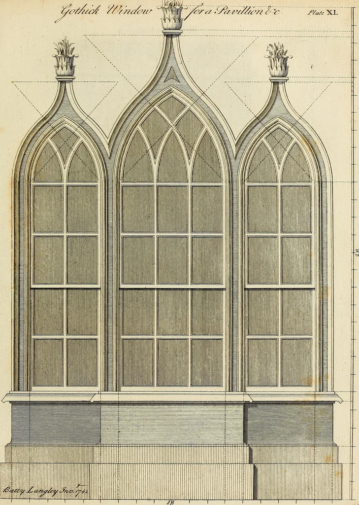 An illustration from Gothic architecture, improved by rules and proportions : in many grand designs of columns, doors, windows, chimney-pieces, arcades, colonades, porticos, umbrellos, temples and pavillions &c. : with plans, elevations and profiles, 1747, leaf 90
