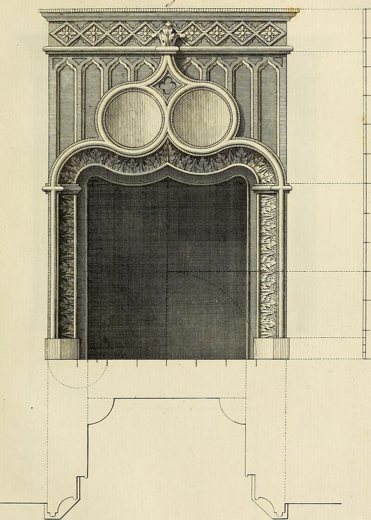 An illustration from Gothic architecture, improved by rules and proportions : in many grand designs of columns, doors, windows, chimney-pieces, arcades, colonades, porticos, umbrellos, temples and pavillions &c. : with plans, elevations and profiles, 1747, leaf 92