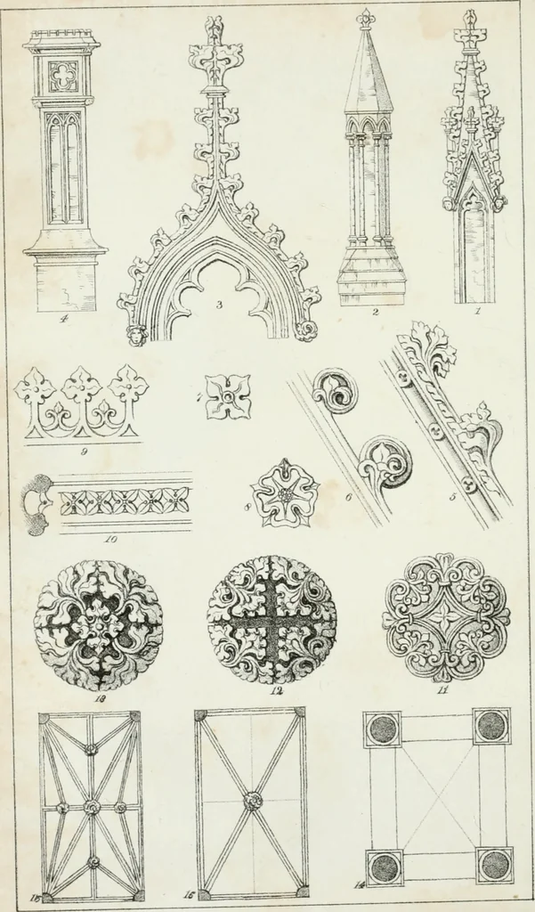 An illustration from An attempt to discriminate the styles of architecture in England : from the Conquest to the Reformation : with a sketch of the Grecian and Roman orders, notices of numerous British edifices, and some remarks on the architecture of a part of France, 1835, leaf 143
