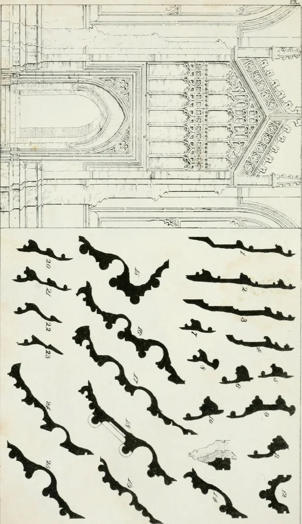 An illustration from An attempt to discriminate the styles of architecture in England : from the Conquest to the Reformation : with a sketch of the Grecian and Roman orders, notices of numerous British edifices, and some remarks on the architecture of a part of France, 1835, leaf 149