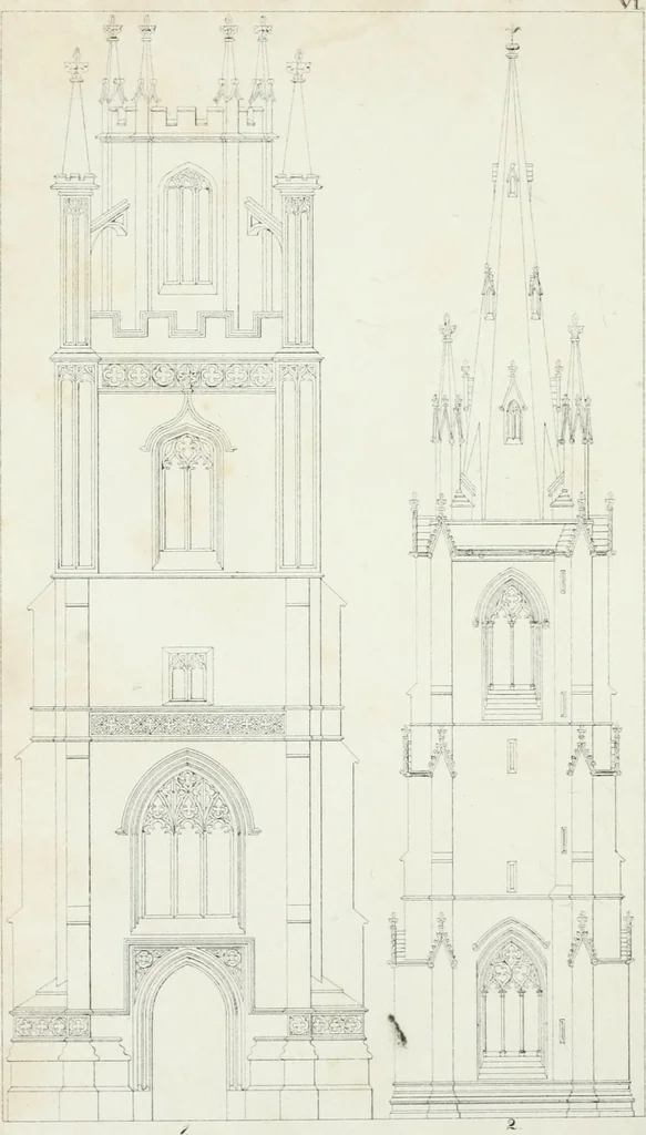 An illustration from An attempt to discriminate the styles of architecture in England : from the Conquest to the Reformation : with a sketch of the Grecian and Roman orders, notices of numerous British edifices, and some remarks on the architecture of a part of France, 1835, leaf 155