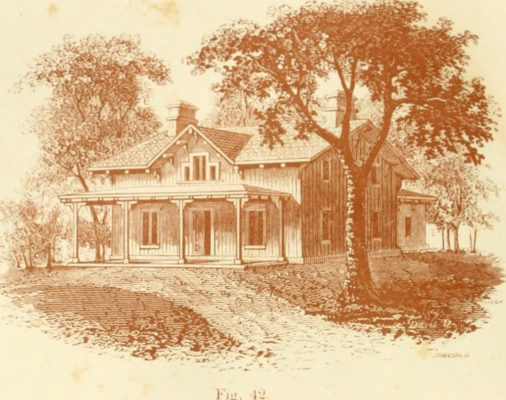An illustration from The architecture of country houses : including designs for cottages, farm houses, and villas, with remarks on interiors, furniture, and the best modes of warming and ventilating, 1851, leaf 155
