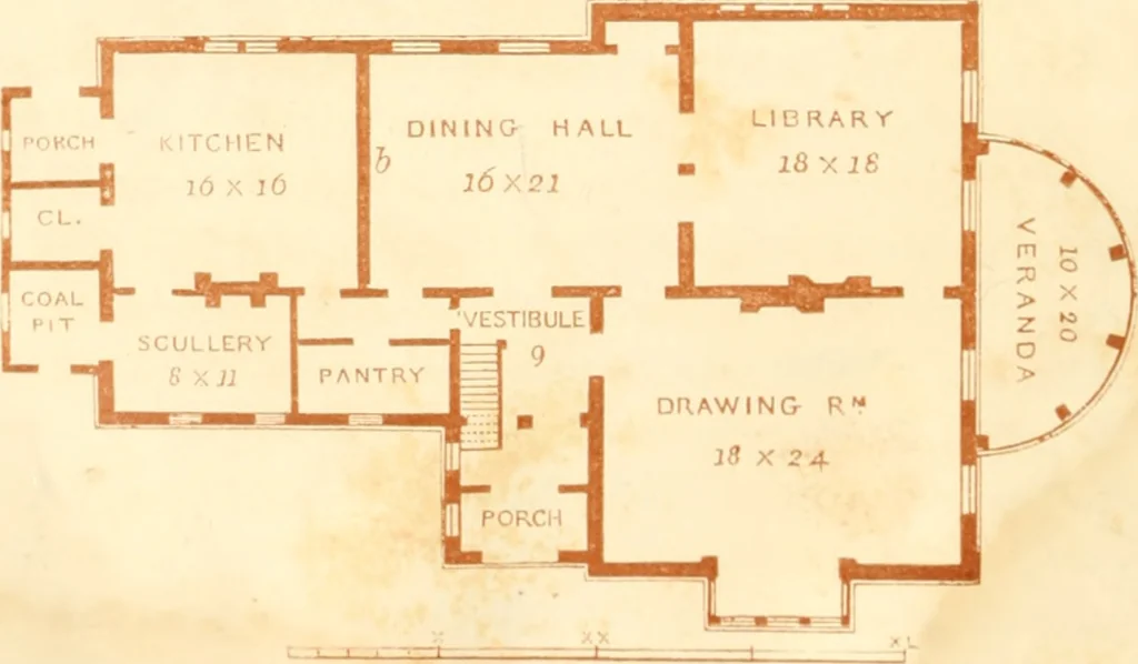 An illustration from The architecture of country houses : including designs for cottages, farm houses, and villas, with remarks on interiors, furniture, and the best modes of warming and ventilating, 1851, leaf 343