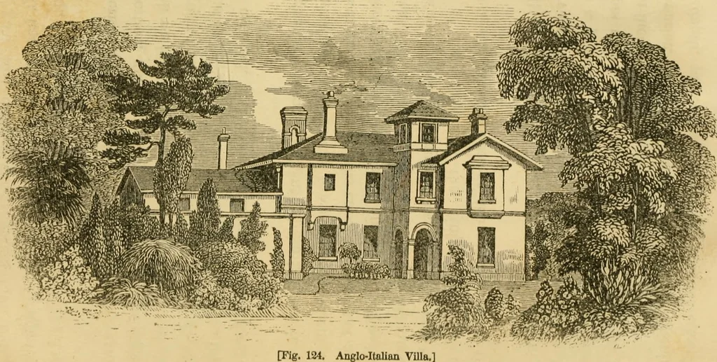 An illustration from The architecture of country houses : including designs for cottages, farm houses, and villas, with remarks on interiors, furniture, and the best modes of warming and ventilating, 1851, leaf 350