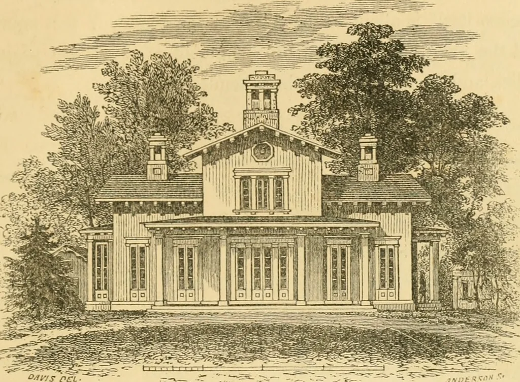 An illustration from The architecture of country houses : including designs for cottages, farm houses, and villas, with remarks on interiors, furniture, and the best modes of warming and ventilating, 1851, leaf 352