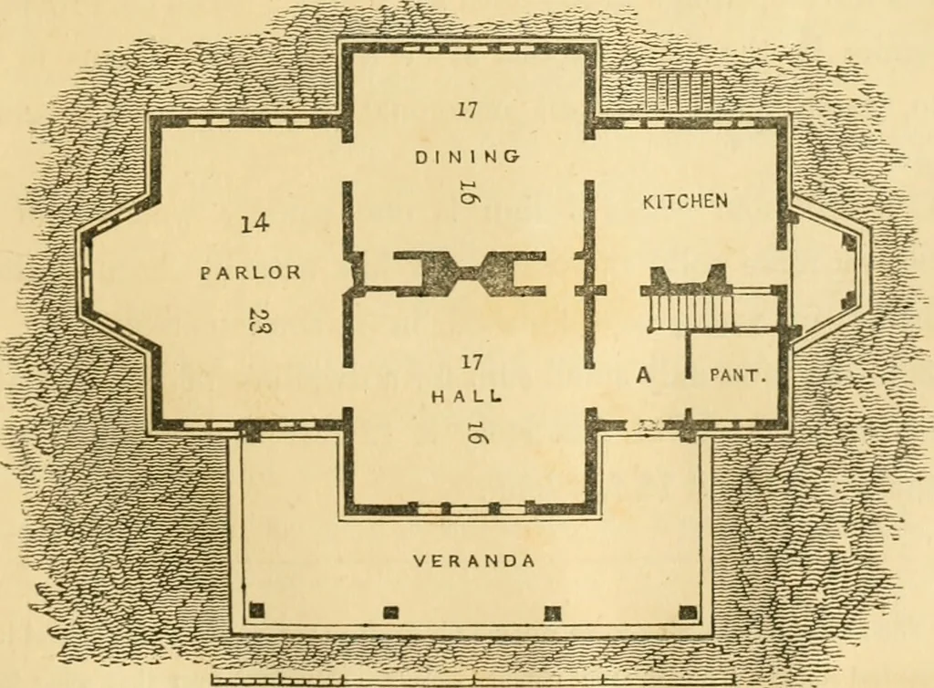 An illustration from The architecture of country houses : including designs for cottages, farm houses, and villas, with remarks on interiors, furniture, and the best modes of warming and ventilating, 1851, leaf 352