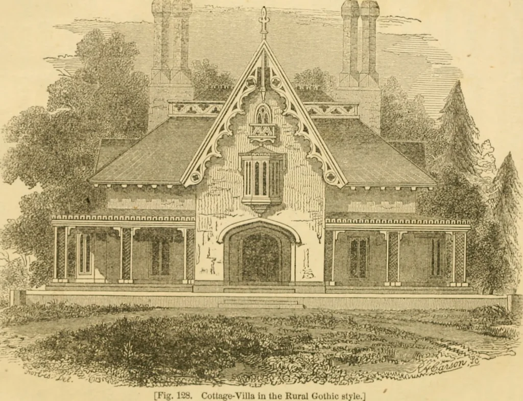 An illustration from The architecture of country houses : including designs for cottages, farm houses, and villas, with remarks on interiors, furniture, and the best modes of warming and ventilating, 1851, leaf 355
