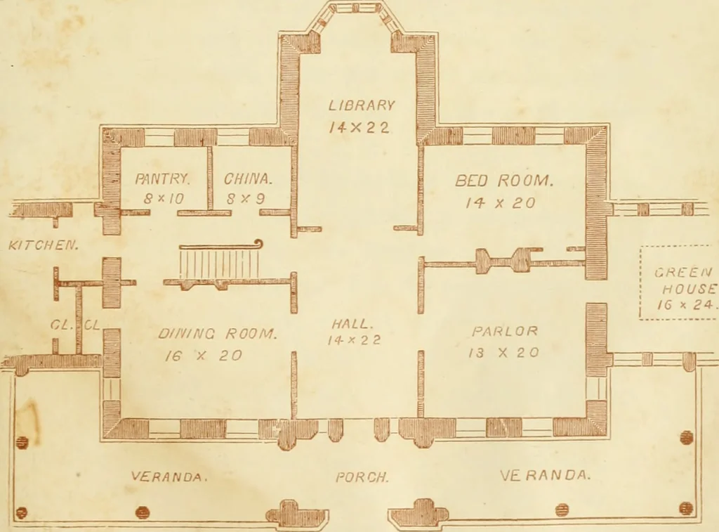 An illustration from The architecture of country houses : including designs for cottages, farm houses, and villas, with remarks on interiors, furniture, and the best modes of warming and ventilating, 1851, leaf 364