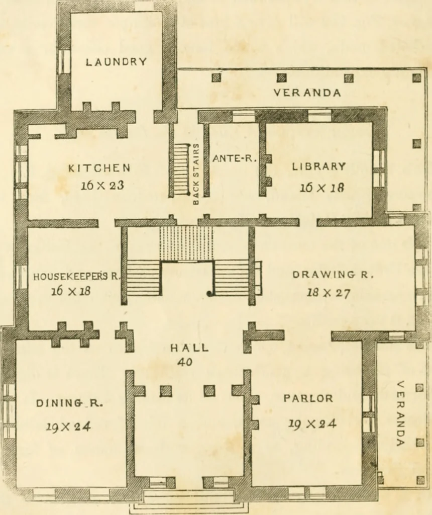 An illustration from The architecture of country houses : including designs for cottages, farm houses, and villas, with remarks on interiors, furniture, and the best modes of warming and ventilating, 1851, leaf 381