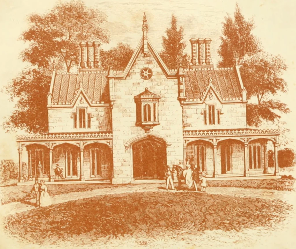 An illustration from The architecture of country houses : including designs for cottages, farm houses, and villas, with remarks on interiors, furniture, and the best modes of warming and ventilating, 1851, leaf 407