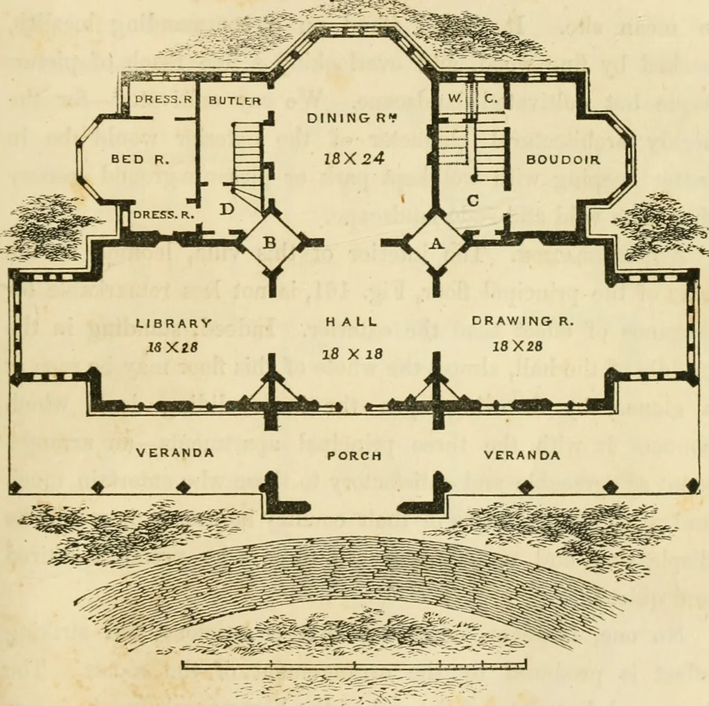An illustration from The architecture of country houses : including designs for cottages, farm houses, and villas, with remarks on interiors, furniture, and the best modes of warming and ventilating, 1851, leaf 408