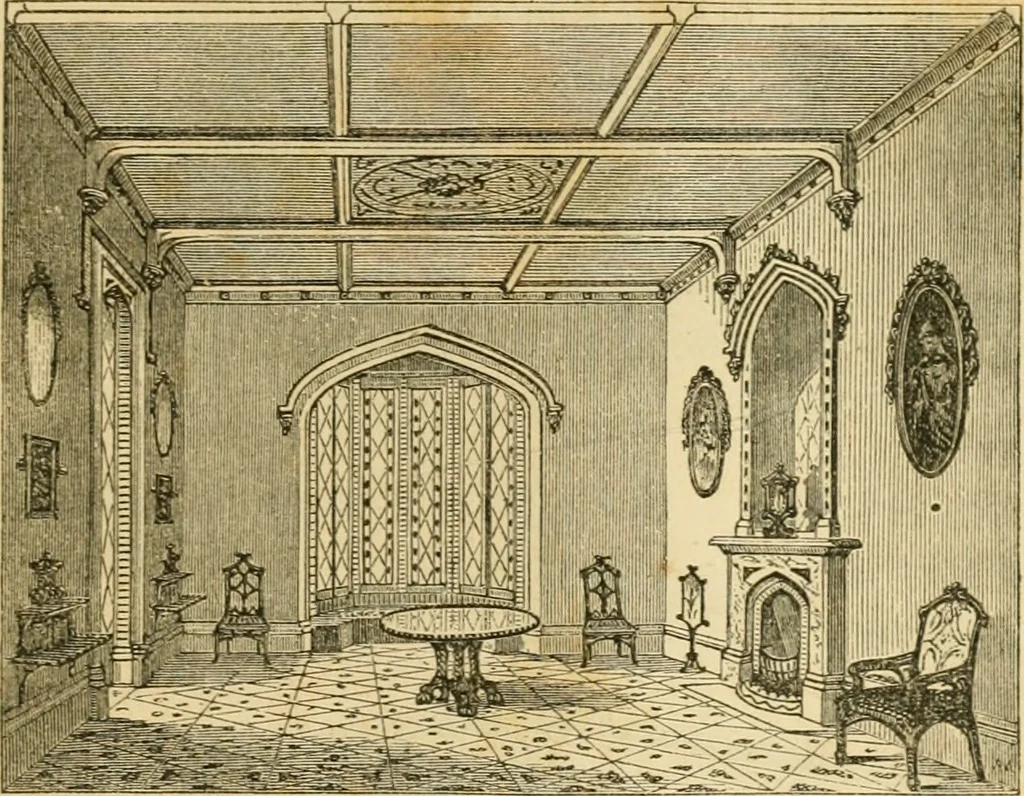 An illustration from The architecture of country houses : including designs for cottages, farm houses, and villas, with remarks on interiors, furniture, and the best modes of warming and ventilating, 1851, leaf 458