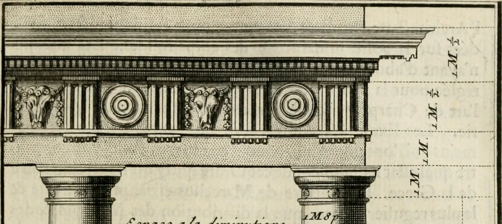 An illustration from Cours d'architecture qui comprend les ordres de Vignole : avec des commentaires, les figures & descriptions de ses plus beaux bâtimens, & de ceux de Michel-Ange : plusieurs nouveaux desseins, ornemens & préceptes concernant la distribution, la décoration ... & tout ce qui regarde l'art de bâtir : avec une ample explication par ordre alphabetique de tous les termes, 1693, leaf 116