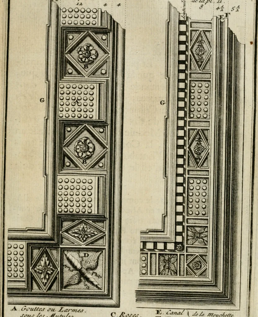 An illustration from Cours d'architecture qui comprend les ordres de Vignole : avec des commentaires, les figures & descriptions de ses plus beaux bâtimens, & de ceux de Michel-Ange : plusieurs nouveaux desseins, ornemens & préceptes concernant la distribution, la décoration ... & tout ce qui regarde l'art de bâtir : avec une ample explication par ordre alphabetique de tous les termes, 1693, leaf 132