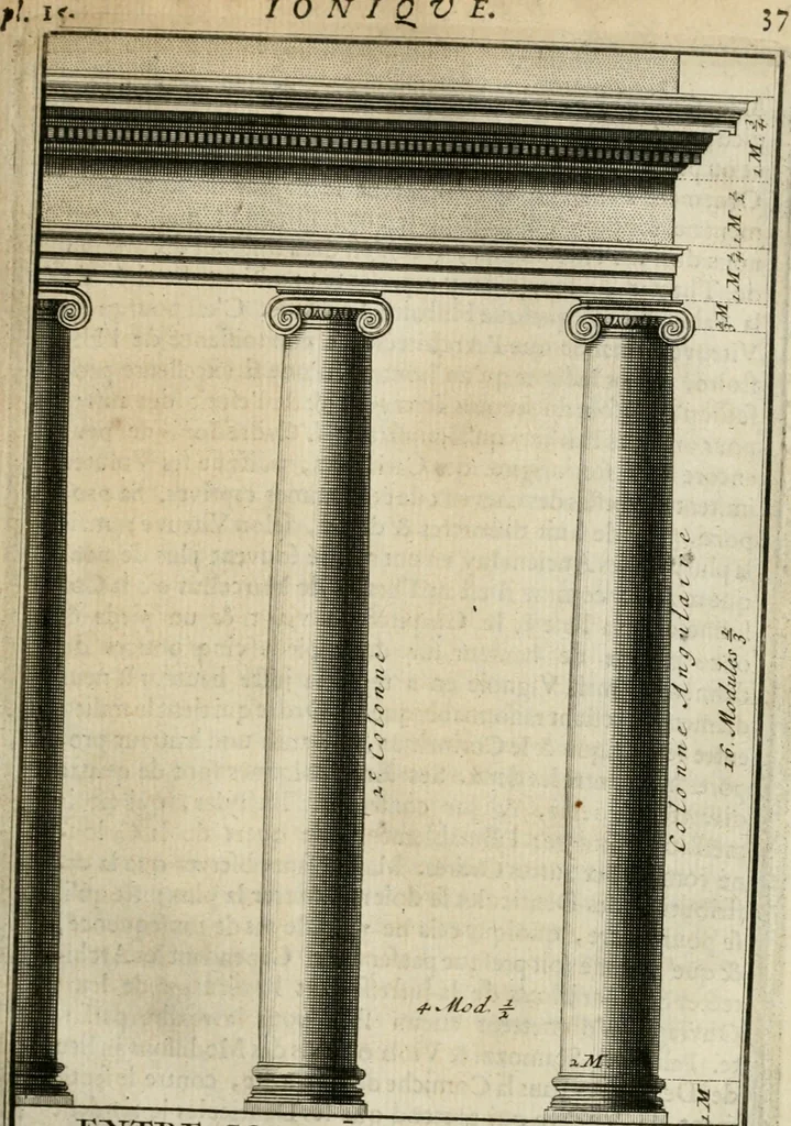 An illustration from Cours d'architecture qui comprend les ordres de Vignole : avec des commentaires, les figures & descriptions de ses plus beaux bâtimens, & de ceux de Michel-Ange : plusieurs nouveaux desseins, ornemens & préceptes concernant la distribution, la décoration ... & tout ce qui regarde l'art de bâtir : avec une ample explication par ordre alphabetique de tous les termes, 1693, leaf 134