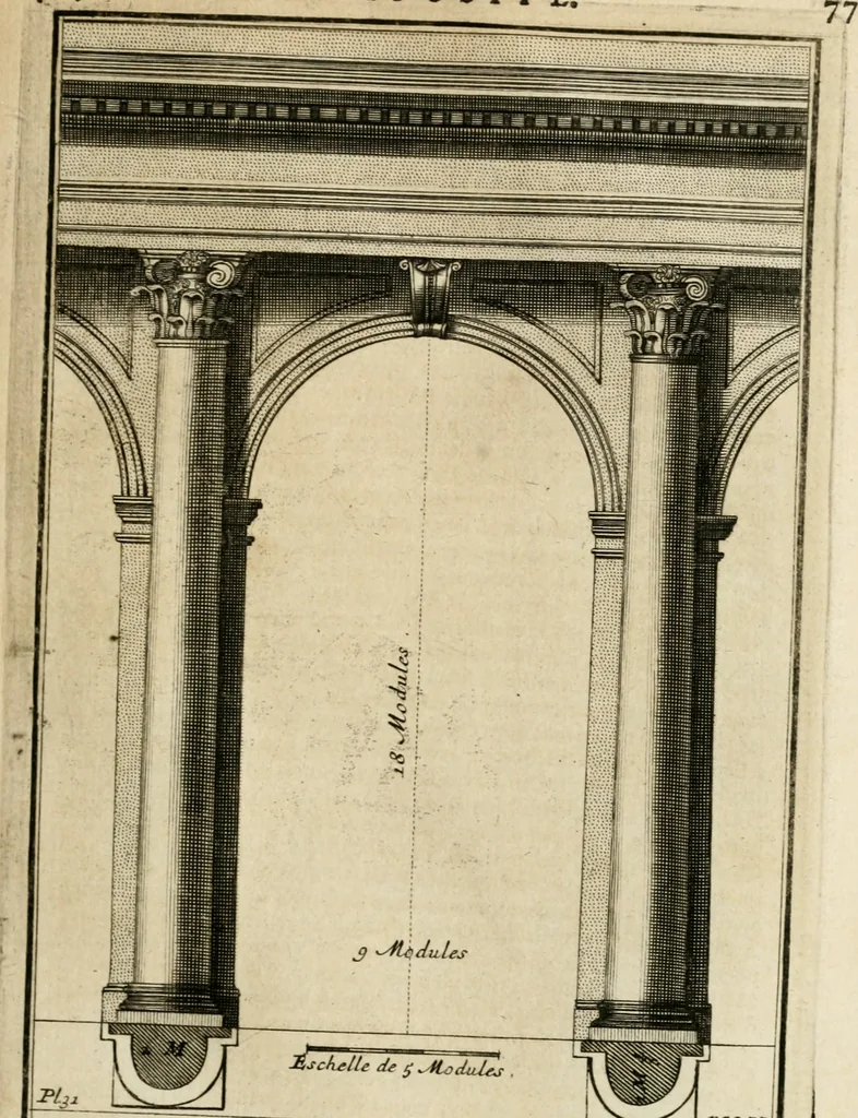 An illustration from Cours d'architecture qui comprend les ordres de Vignole : avec des commentaires, les figures & descriptions de ses plus beaux bâtimens, & de ceux de Michel-Ange : plusieurs nouveaux desseins, ornemens & préceptes concernant la distribution, la décoration ... & tout ce qui regarde l'art de bâtir : avec une ample explication par ordre alphabetique de tous les termes, 1693, leaf 174