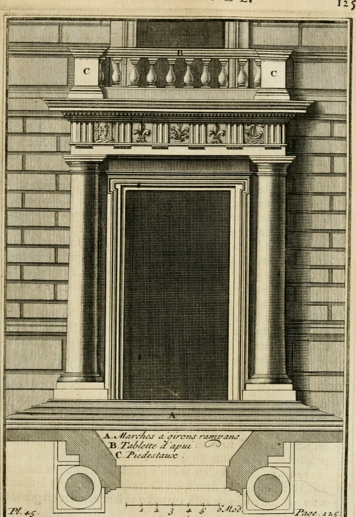 An illustration from Cours d'architecture qui comprend les ordres de Vignole : avec des commentaires, les figures & descriptions de ses plus beaux bâtimens, & de ceux de Michel-Ange : plusieurs nouveaux desseins, ornemens & préceptes concernant la distribution, la décoration ... & tout ce qui regarde l'art de bâtir : avec une ample explication par ordre alphabetique de tous les termes, 1693, leaf 226