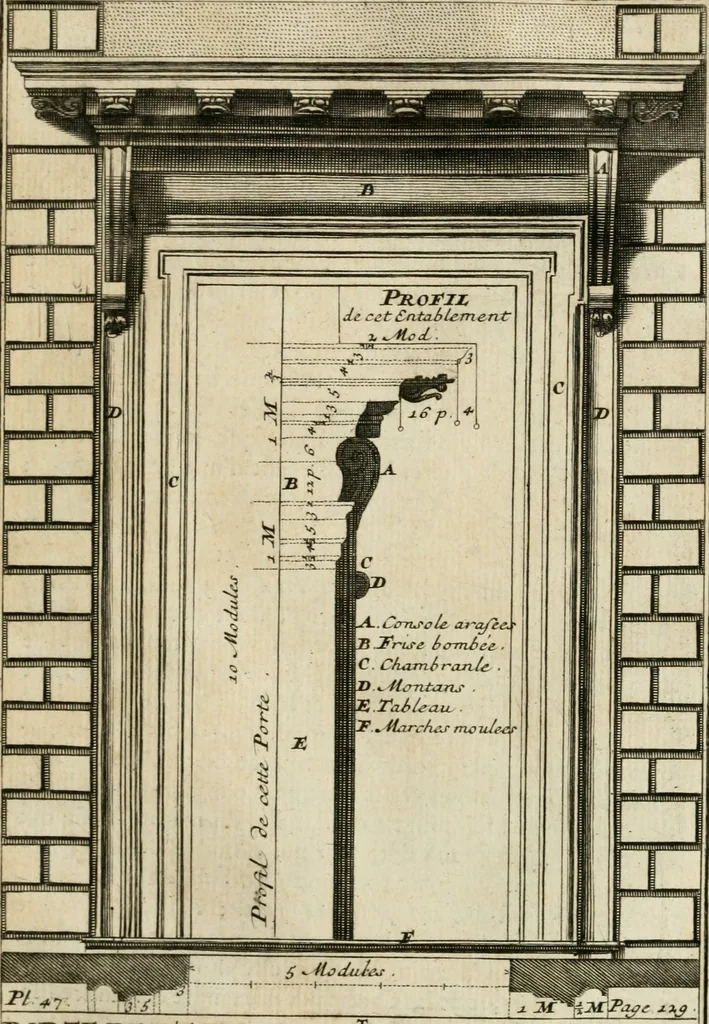 An illustration from Cours d'architecture qui comprend les ordres de Vignole : avec des commentaires, les figures & descriptions de ses plus beaux bâtimens, & de ceux de Michel-Ange : plusieurs nouveaux desseins, ornemens & préceptes concernant la distribution, la décoration ... & tout ce qui regarde l'art de bâtir : avec une ample explication par ordre alphabetique de tous les termes, 1693, leaf 230