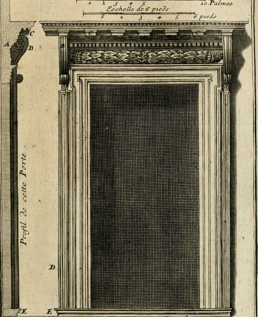 An illustration from Cours d'architecture qui comprend les ordres de Vignole : avec des commentaires, les figures & descriptions de ses plus beaux bâtimens, & de ceux de Michel-Ange : plusieurs nouveaux desseins, ornemens & préceptes concernant la distribution, la décoration ... & tout ce qui regarde l'art de bâtir : avec une ample explication par ordre alphabetique de tous les termes, 1693, leaf 232