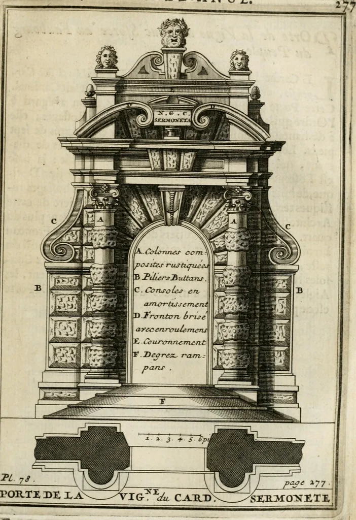 An illustration from Cours d'architecture qui comprend les ordres de Vignole : avec des commentaires, les figures & descriptions de ses plus beaux bâtimens, & de ceux de Michel-Ange : plusieurs nouveaux desseins, ornemens & préceptes concernant la distribution, la décoration ... & tout ce qui regarde l'art de bâtir : avec une ample explication par ordre alphabetique de tous les termes, 1693, leaf 418