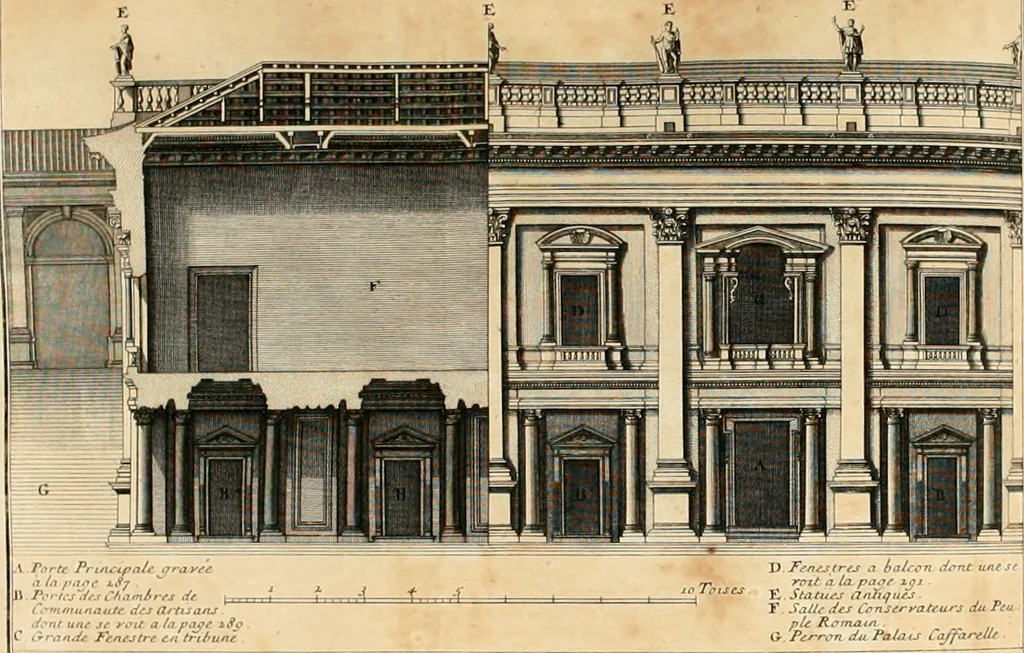 An illustration from Cours d'architecture qui comprend les ordres de Vignole : avec des commentaires, les figures & descriptions de ses plus beaux bâtimens, & de ceux de Michel-Ange : plusieurs nouveaux desseins, ornemens & préceptes concernant la distribution, la décoration ... & tout ce qui regarde l'art de bâtir : avec une ample explication par ordre alphabetique de tous les termes, 1693, leaf 428