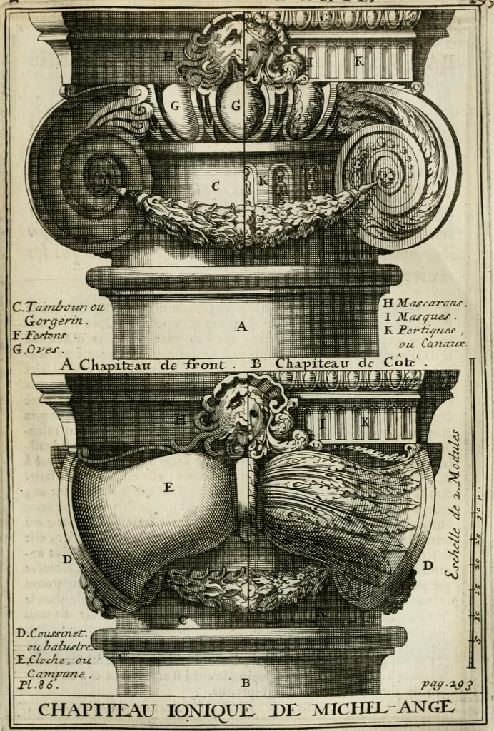 An illustration from Cours d'architecture qui comprend les ordres de Vignole : avec des commentaires, les figures & descriptions de ses plus beaux bâtimens, & de ceux de Michel-Ange : plusieurs nouveaux desseins, ornemens & préceptes concernant la distribution, la décoration ... & tout ce qui regarde l'art de bâtir : avec une ample explication par ordre alphabetique de tous les termes, 1693, leaf 438