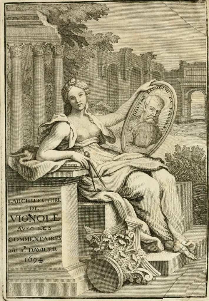 An illustration from Cours d'architecture qui comprend les ordres de Vignole : avec des commentaires, les figures & descriptions de ses plus beaux bâtimens, & de ceux de Michel-Ange : plusieurs nouveaux desseins, ornemens & préceptes concernant la distribution, la décoration ... & tout ce qui regarde l'art de bâtir : avec une ample explication par ordre alphabetique de tous les termes, 1693, leaf 5