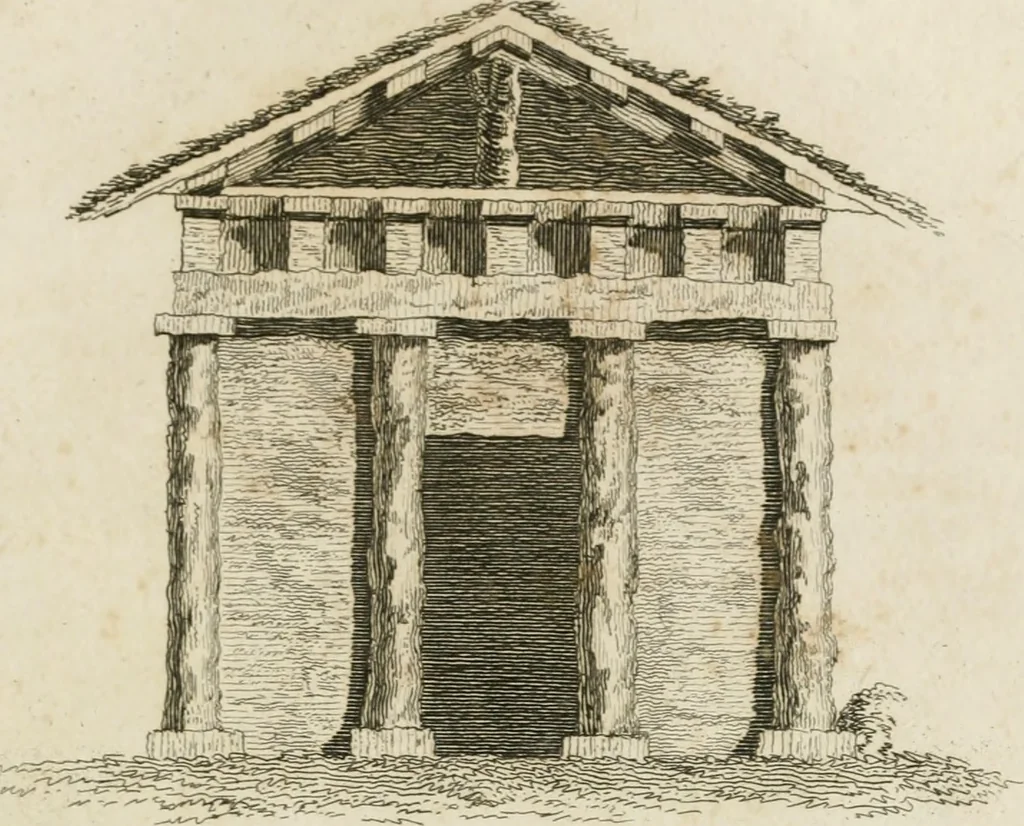An illustration from Grotesque architecture, or, Rural amusement : consisting of plans, elevations, and sections, for huts, retreats, summer and winter hermitages, terminaries, Chinese, Gothic, and natural grottos, cascades, baths, mosques, Moresque pavilions, grotesque and rustic seats, green-houses, &c. many of which may be executed with flints, irregular sotnes, rude branches, and roots of trees : the whole containing twenty-eight new designs, with scales to each : to which is added, an explanation, with the methods of executing them, 1815, leaf 12