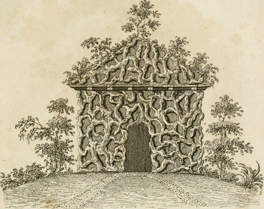 An illustration from Grotesque architecture, or, Rural amusement : consisting of plans, elevations, and sections, for huts, retreats, summer and winter hermitages, terminaries, Chinese, Gothic, and natural grottos, cascades, baths, mosques, Moresque pavilions, grotesque and rustic seats, green-houses, &c. many of which may be executed with flints, irregular sotnes, rude branches, and roots of trees : the whole containing twenty-eight new designs, with scales to each : to which is added, an explanation, with the methods of executing them, 1815, leaf 14